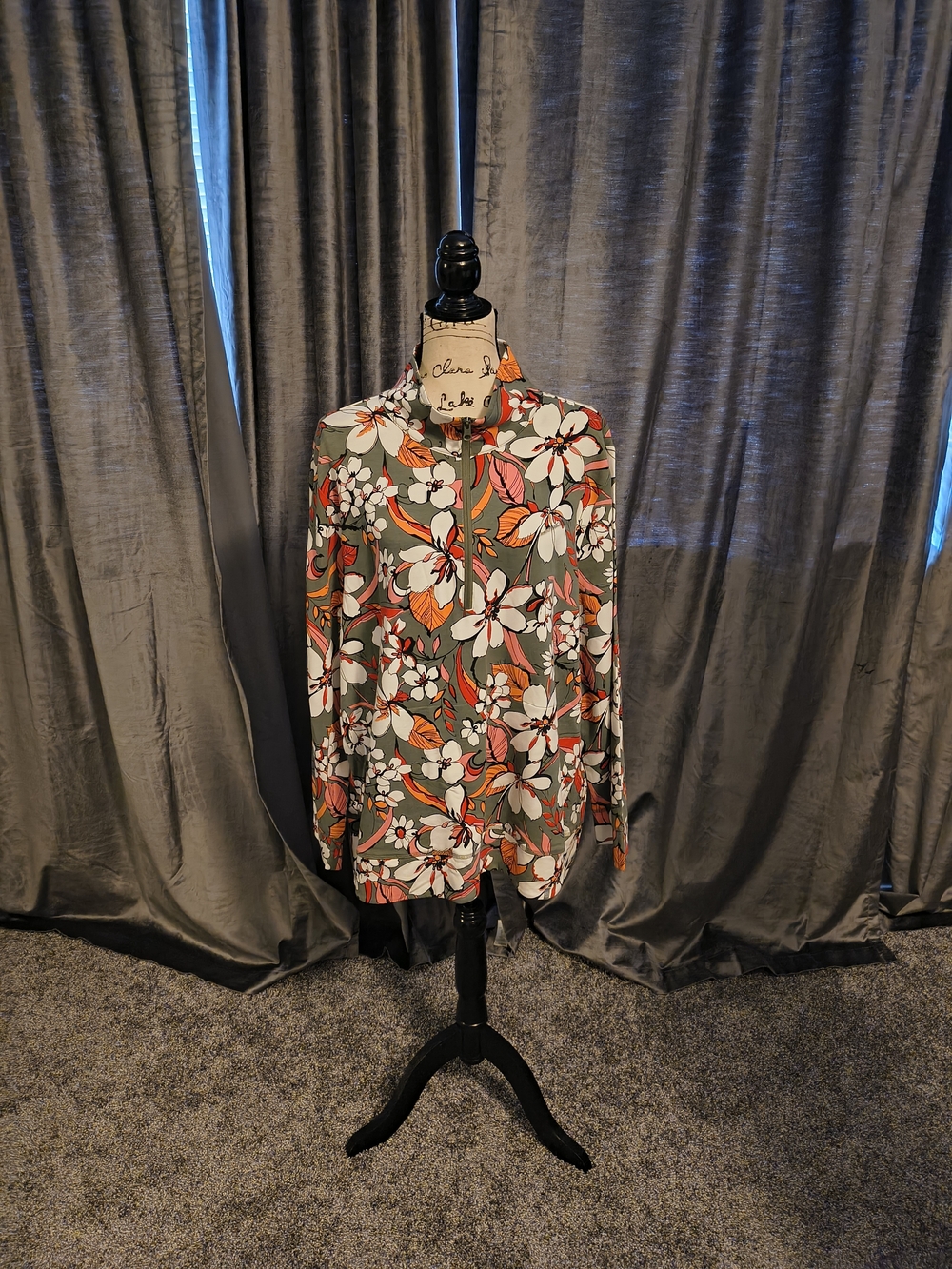 Talbots Olive Floral Lightweight Zip Jacket with Orange & White Accents